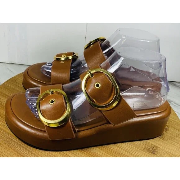 ZARA BUCKLED LEATHER WEDGE SANDALS BROWN SIZE 6.5 - Picture 2 of 8